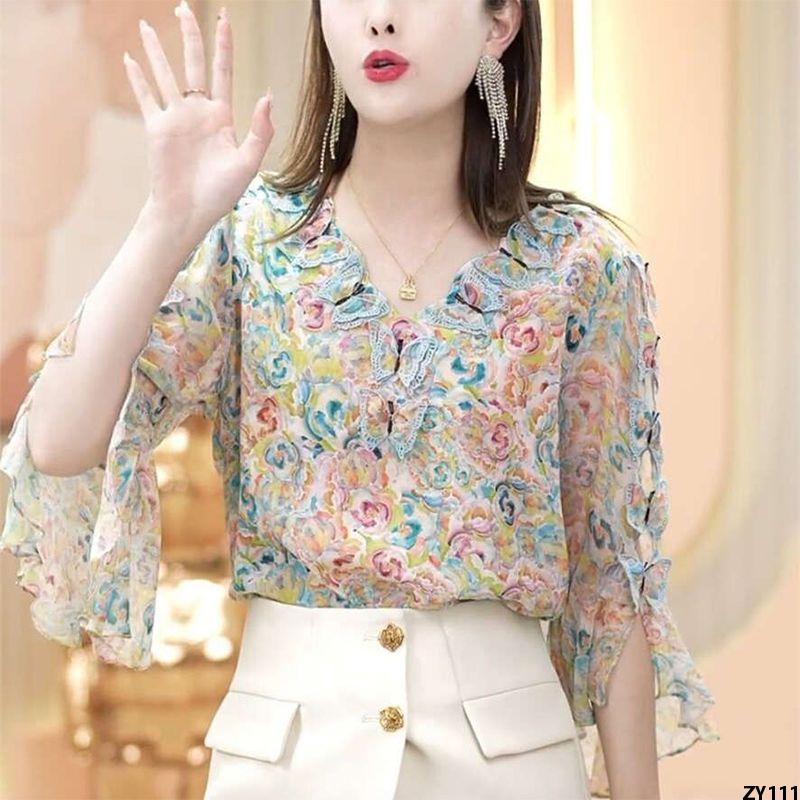 Bướm Mùa Hè Lá Sen Thêu Rỗng Mẫu Mới Cho Nữ 2023 Áo Năm Rộng Rãi V Áo Sơ Mi Voan In Hình Bảy Điểm Lãnh Đạo