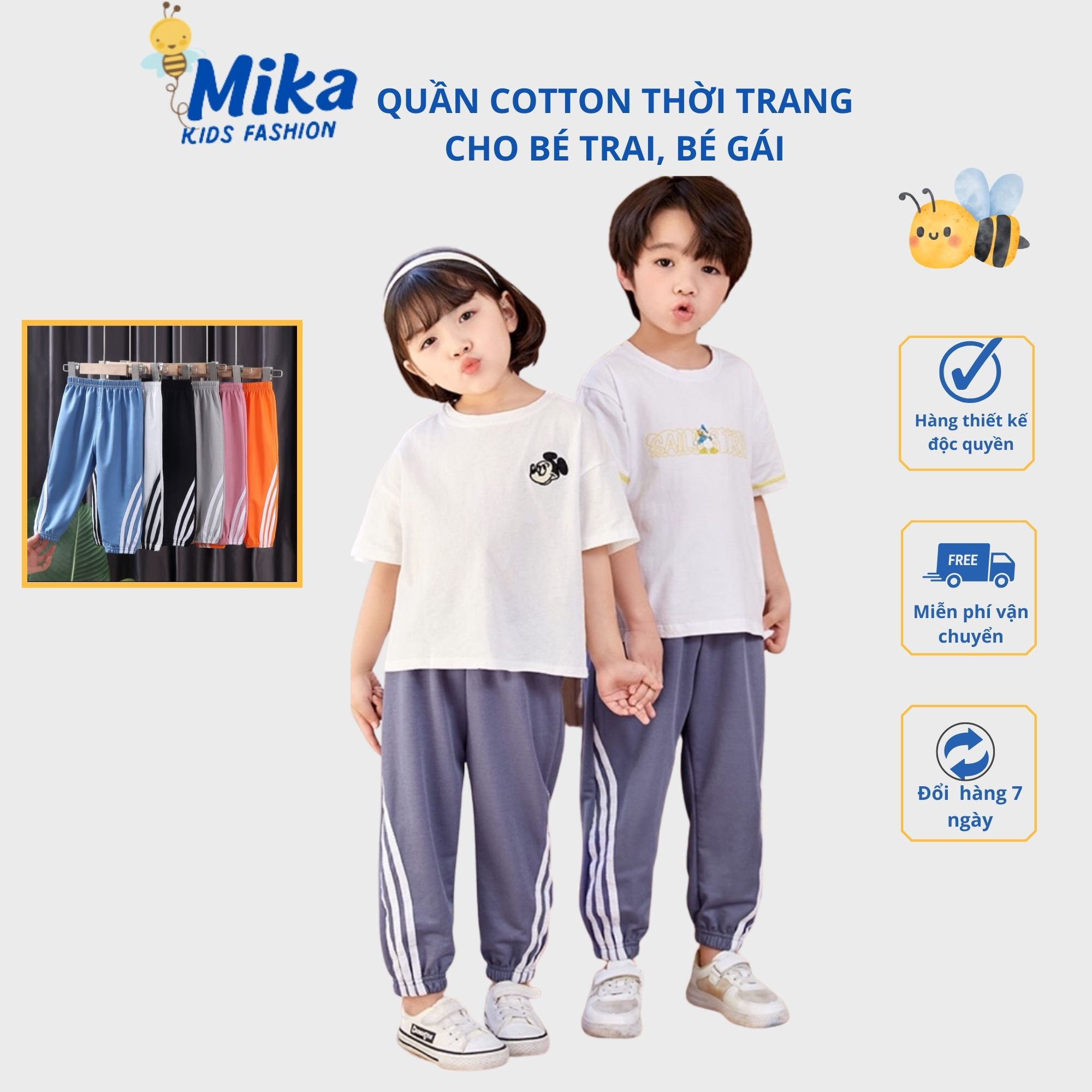 Quần jogger bé trai, bé gái MIKA. Quần dài chống muỗi bo gấu chất cotton phối sọc thể thao năng động mặc mùa xuân hè thu đông đều hợp có đủ size cho bé từ 1 2 3 4 5 6 7 8 9 tuổi từ 7 đến 32kg