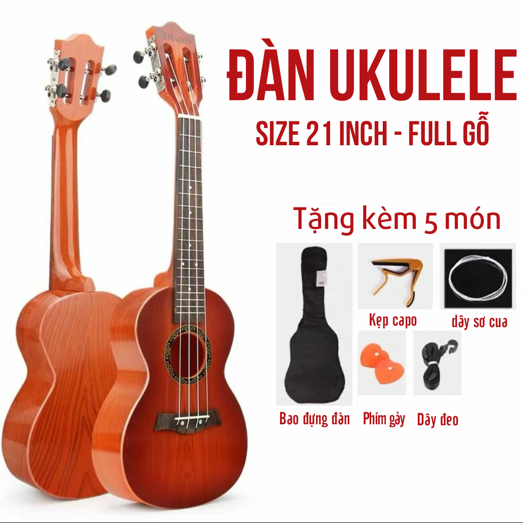 Đàn ukulele soprano gỗ size 21 inch 4 dây tặng kèm bao đựng đàn và phụ kiện