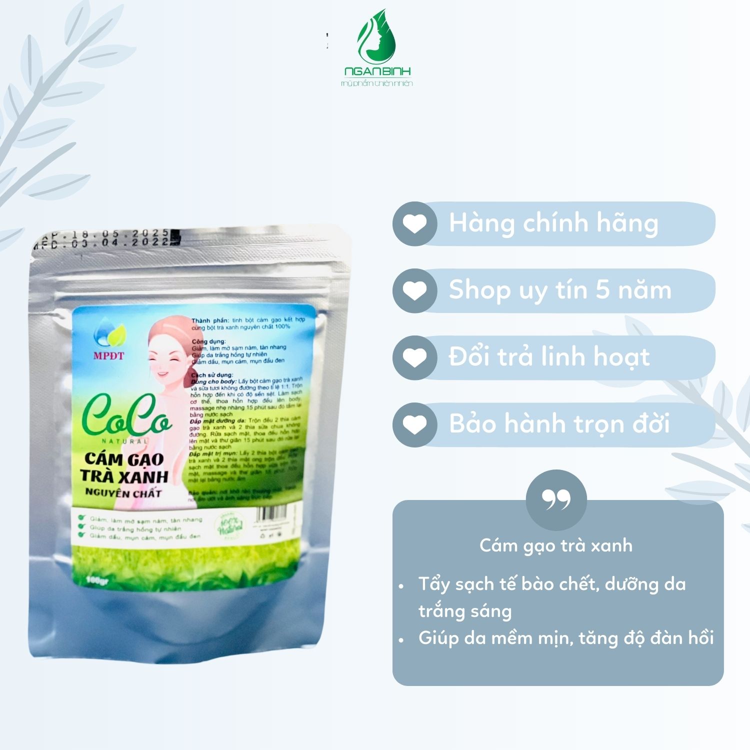 (100gr) Bột cám gạo trà xanh đắp mặt nạ, giúp mờ sạm nám tàn nhang,mờ vết thâm mụn dưỡng da