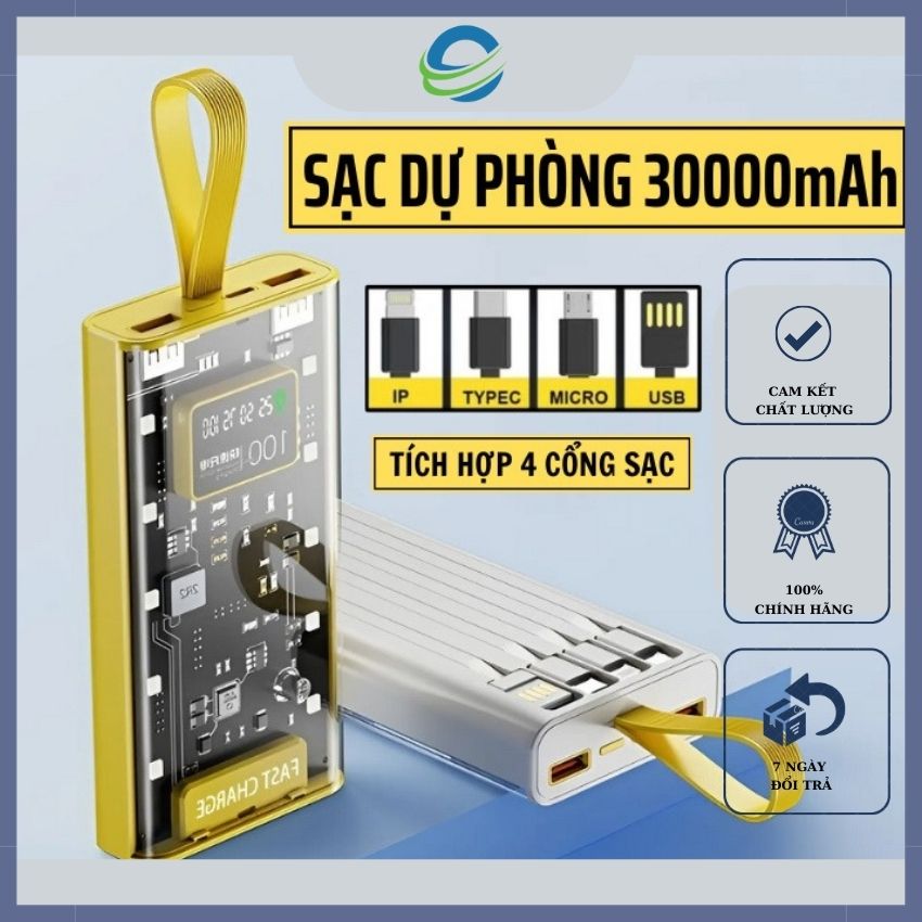  Sạc Dự Phòng 30000mAh 120W Trong Suốt Sạc Siêu Nhanh Siêu Bền Kết Hợp Led Soi Sáng Với 4 Đầu Sạc Và 3 Cổng Sạc Tiện Dụng 2 Cổng USB 1 Cổng Type C 