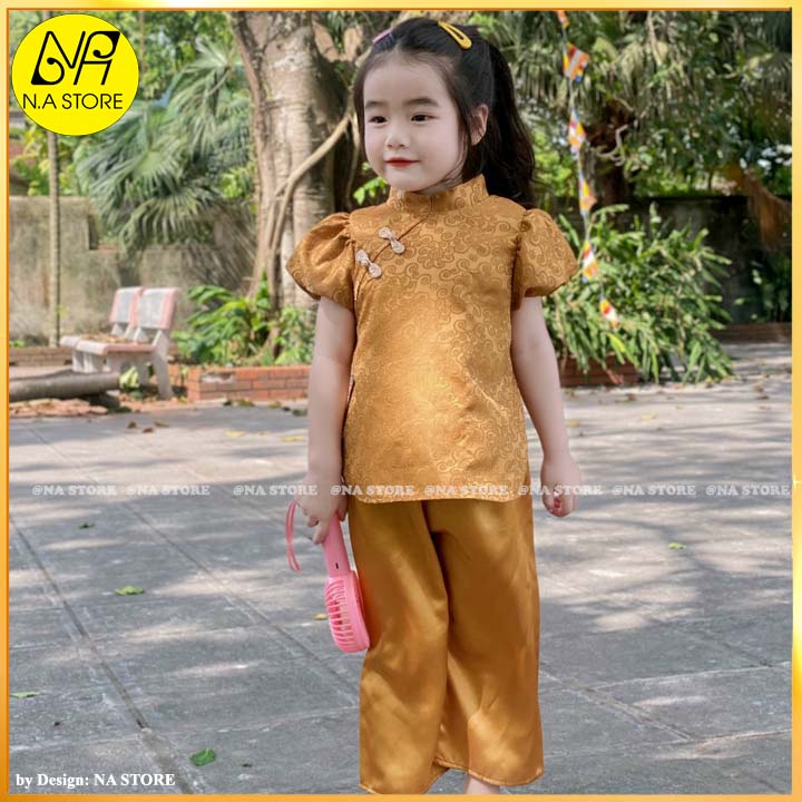Đồ lam đi chùa bé - bộ đi lễ chùa bé gái lụa gấm nổi cao cấp hồng kông tay phồng - bé-al028