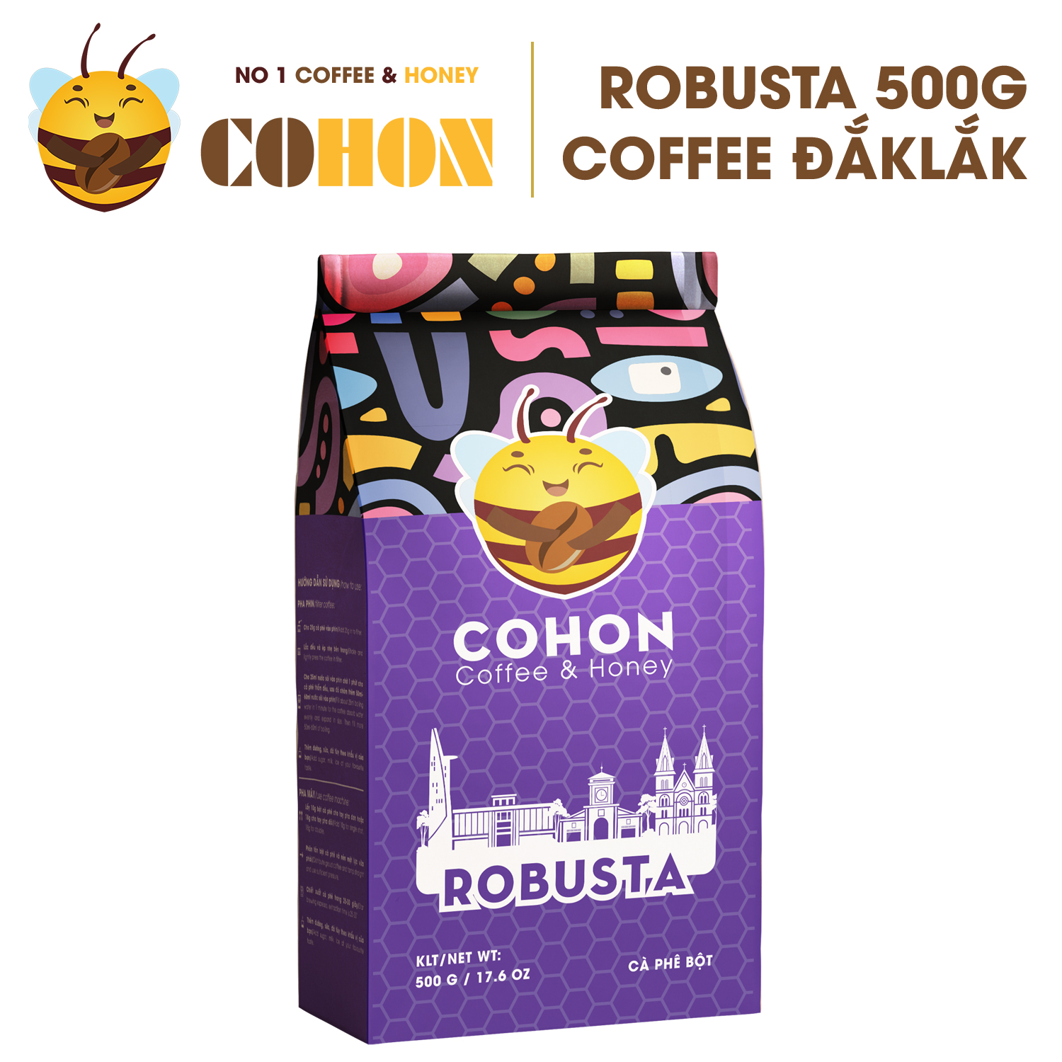 Cà phê Robusta thương hiệu COHON 500G. Robusta Coffee 500G sản xuất từ cà phê nguyên Tây Nguyên