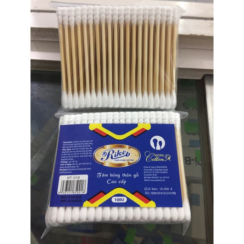 Tăm bông cán gỗ Riko 100 que