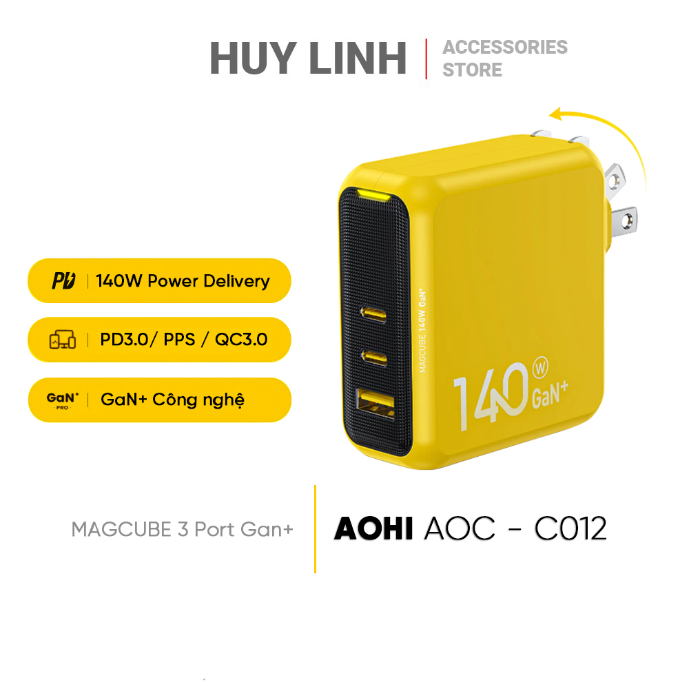 Củ sạc nhanh tích hợp 2 cổng Type-C và 1 USB-A AOHI Magcube 140W USB C Charger GaN AOC - C012