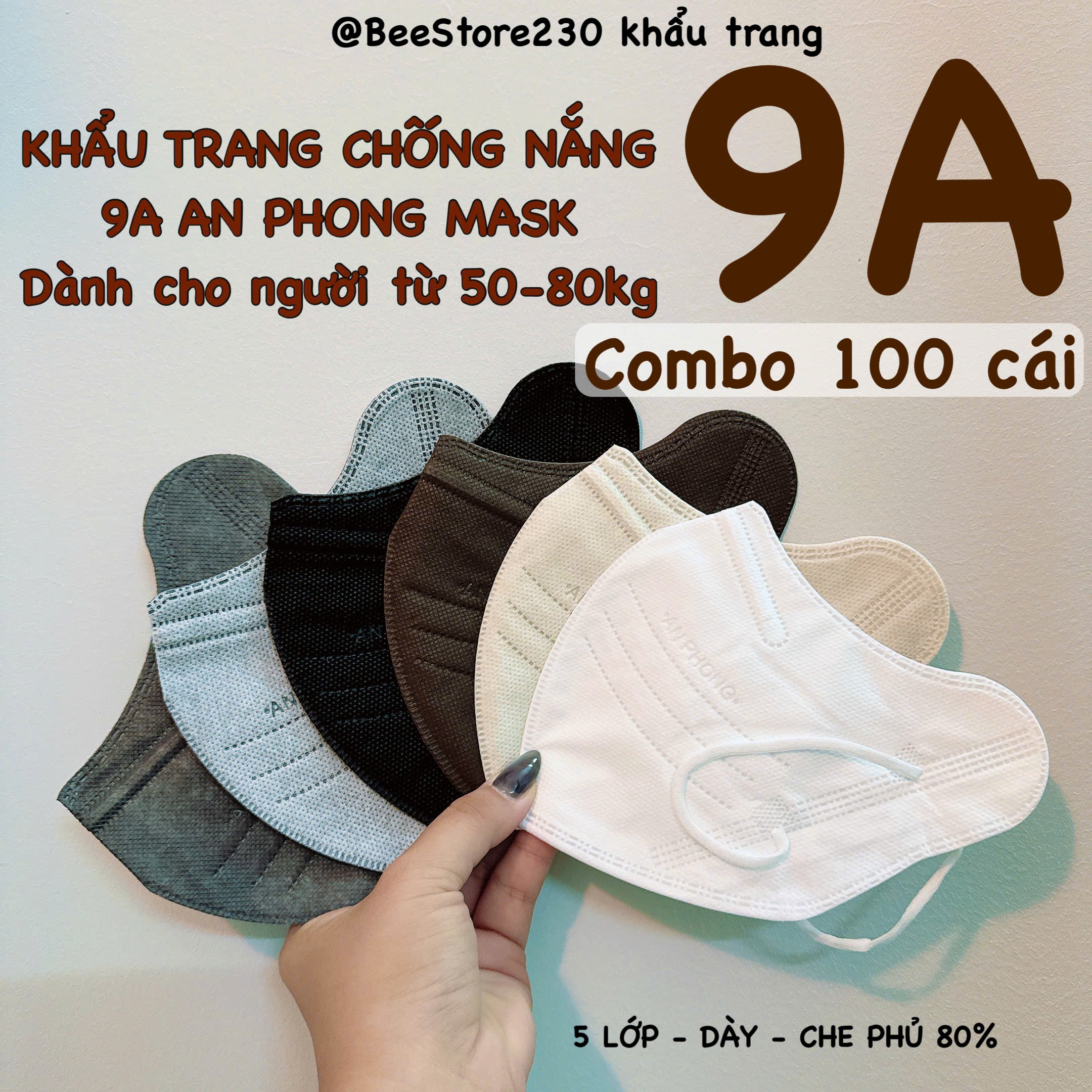   10 TÚI = 100 cái KHẨU TRANG 9A  che mặt toàn phần 50-90kg hiệu AN PHONG MASK nhiều màu thời trang 4 lớp dùng một lần 