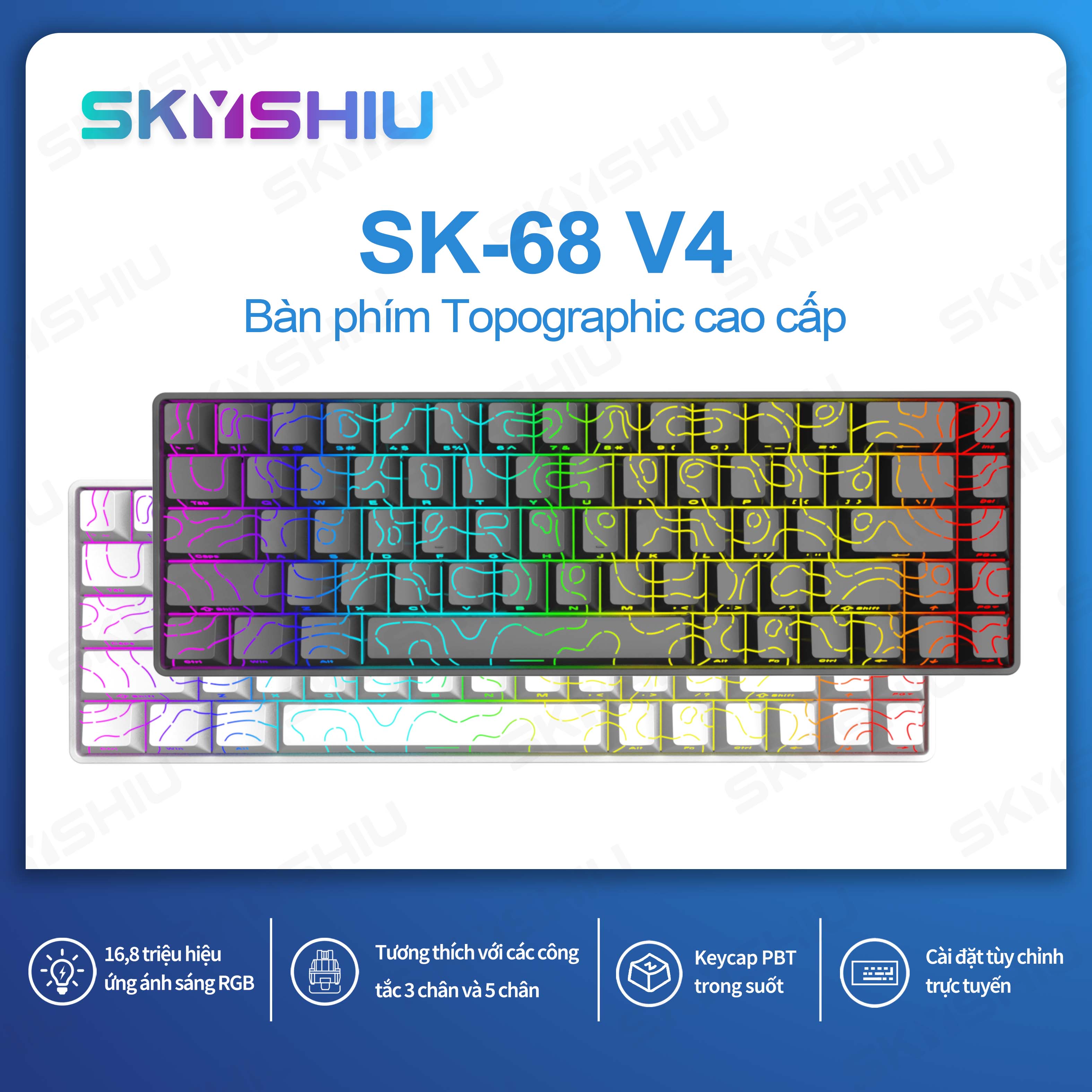 SKYSHIU Bàn Phím Cơ Có Dây SK-68 V4 68 Phím Chip Hiệu Suất Cao 48MHz Ổ Cắm Nóng 5 Chân RGB 1680 Triệu Màu Tương Thích Nhiều Hệ Điều Hành SK-68 Pro 2.0 Chất Lượng Cao Phù Hợp Để Cải Trang