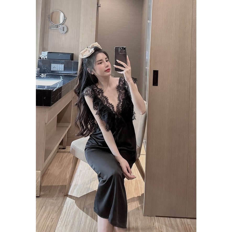 Váy ngủ cánh tiên ren sexy, váy ngủ lụa cao cấp dáng dài freesize