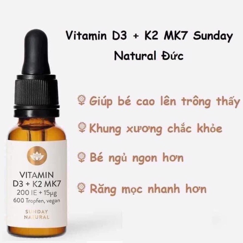 Vitamin D3 K2 MK7 (200ie+15ug) 16.68g chính hãng SUNDAY NATURAL nội địa Đức