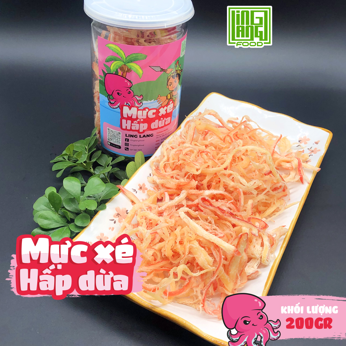 Mực xé hấp nước dừa Ling Lang Food, khô mực hấp nước dừa xé sợi hũ pet 200g dai ngon chuẩn vị