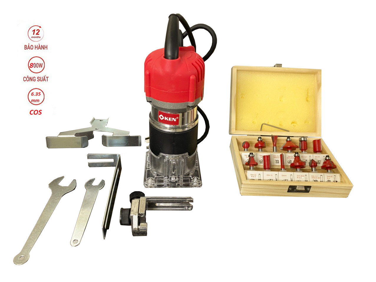 Máy phay gỗ - máy soi gỗ ken 850w chính hãng kèm bộ mũi 12 chi tiết