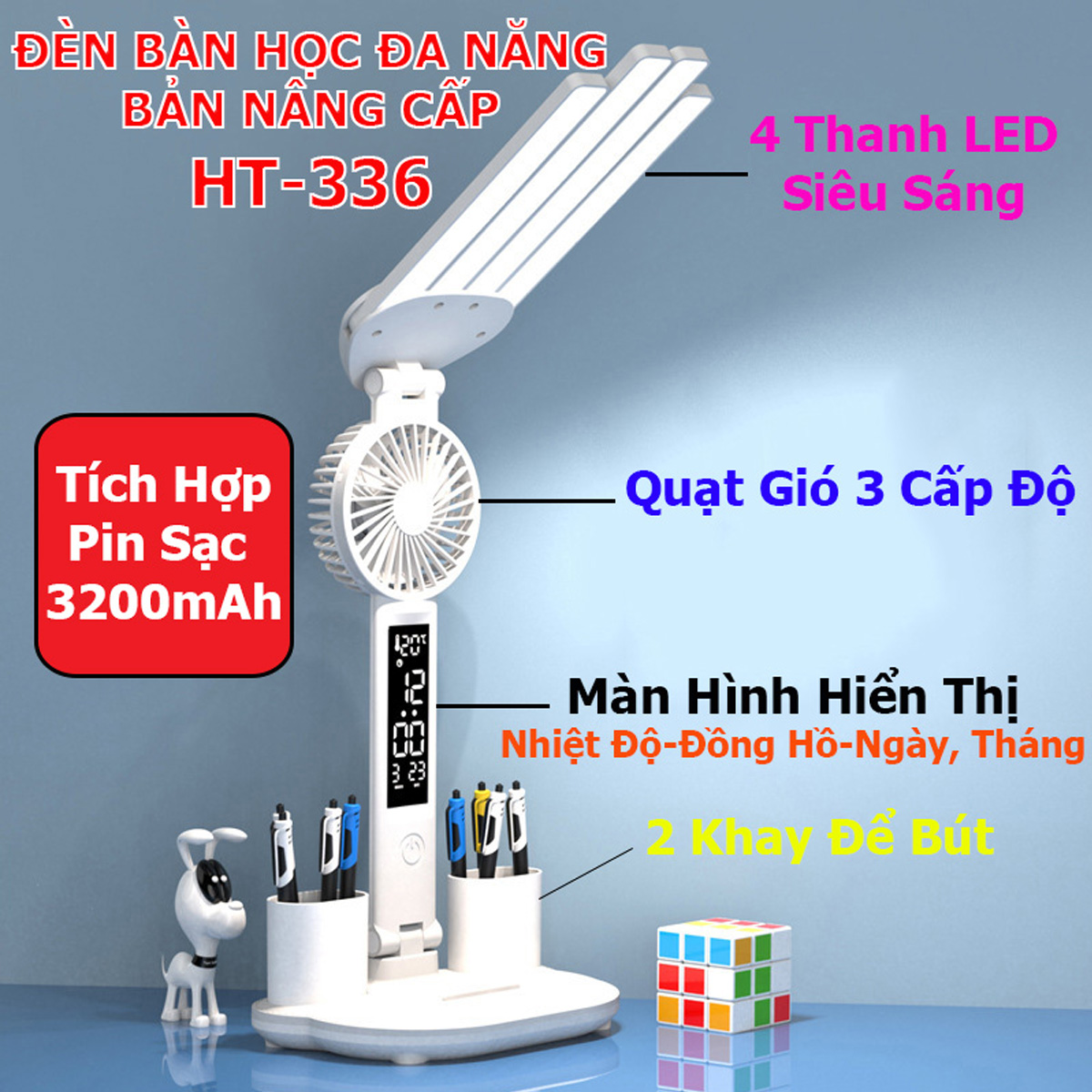[Bản Cao Cấp] Đèn học để bàn chống cận 5in1 tích điện 3200mAh, tích hợp quạt và màn hình led đa năng