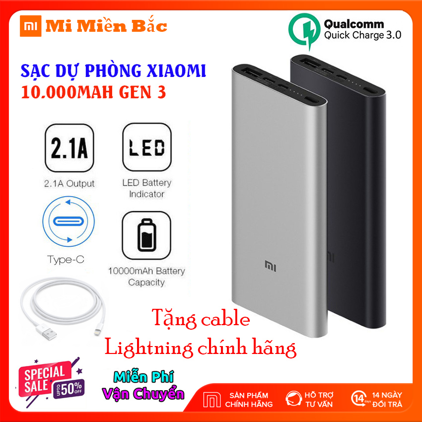 [CHÍNH HÃNG] PIN DỰ PHÒNG XIAOMI - Sạc dự phòng Xiaomi GEN 3, 10000 mAh, Hỗ trợ sạc nhanh cho Iphone, Samsung, Apple, Oppo, Vivo, Vsmart - Hàng chính hãng - BH 12 Tháng - Mi Miền Bắc