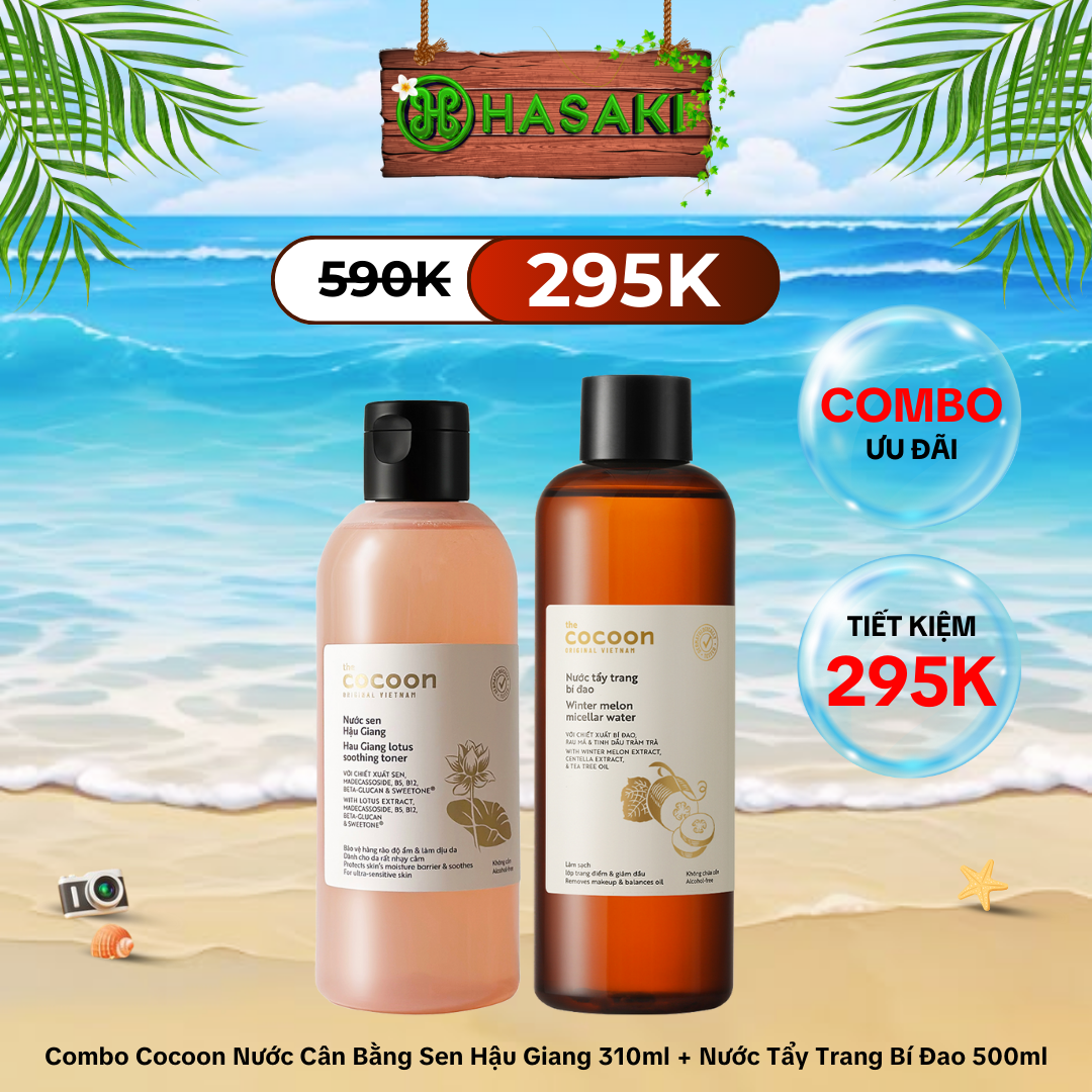 [SIÊU GIẢM GIÁ] Combo Cocoon Nước Cân Bằng Sen Hậu Giang 310ml & Nước Tẩy Trang Bí Đao 500ml Hau Giang Lotus Soothing Toner + Winter Melon Micellar Water Hasaki Sản Phẩm Chính Hãng