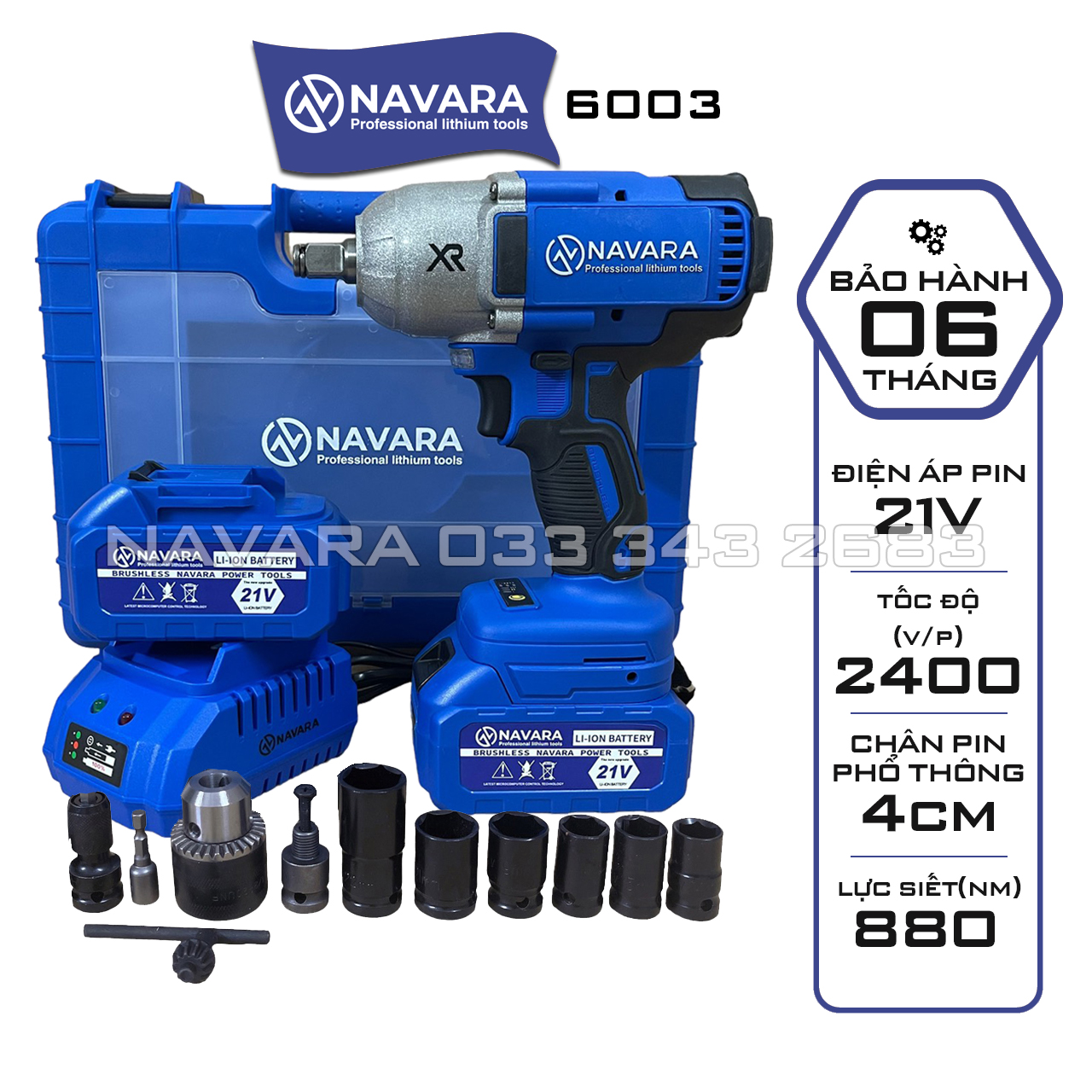Máy siết bulong dùng pin Navara 6003 TẶNG Bộ đầu chuyển đổi 13S+6 Khẩu Động cơ Không Chổi Than Lực siết 880Nm