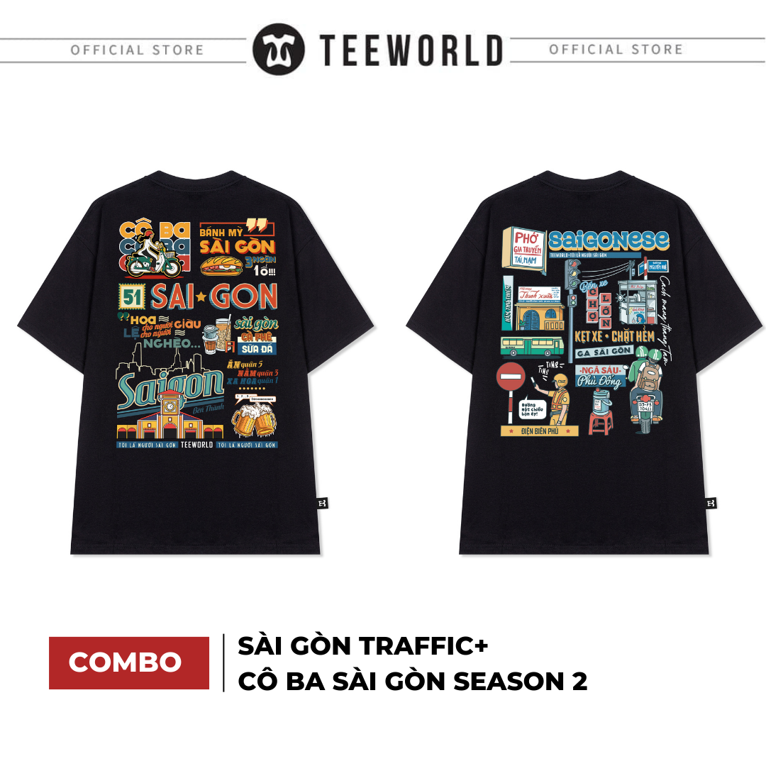 Combo Áo Thun Local Brand Teeworld Cô Ba Sài Gòn T-shirt Season 2 & Saigon Traffic T-shirt Đen Form Rộng Unisex