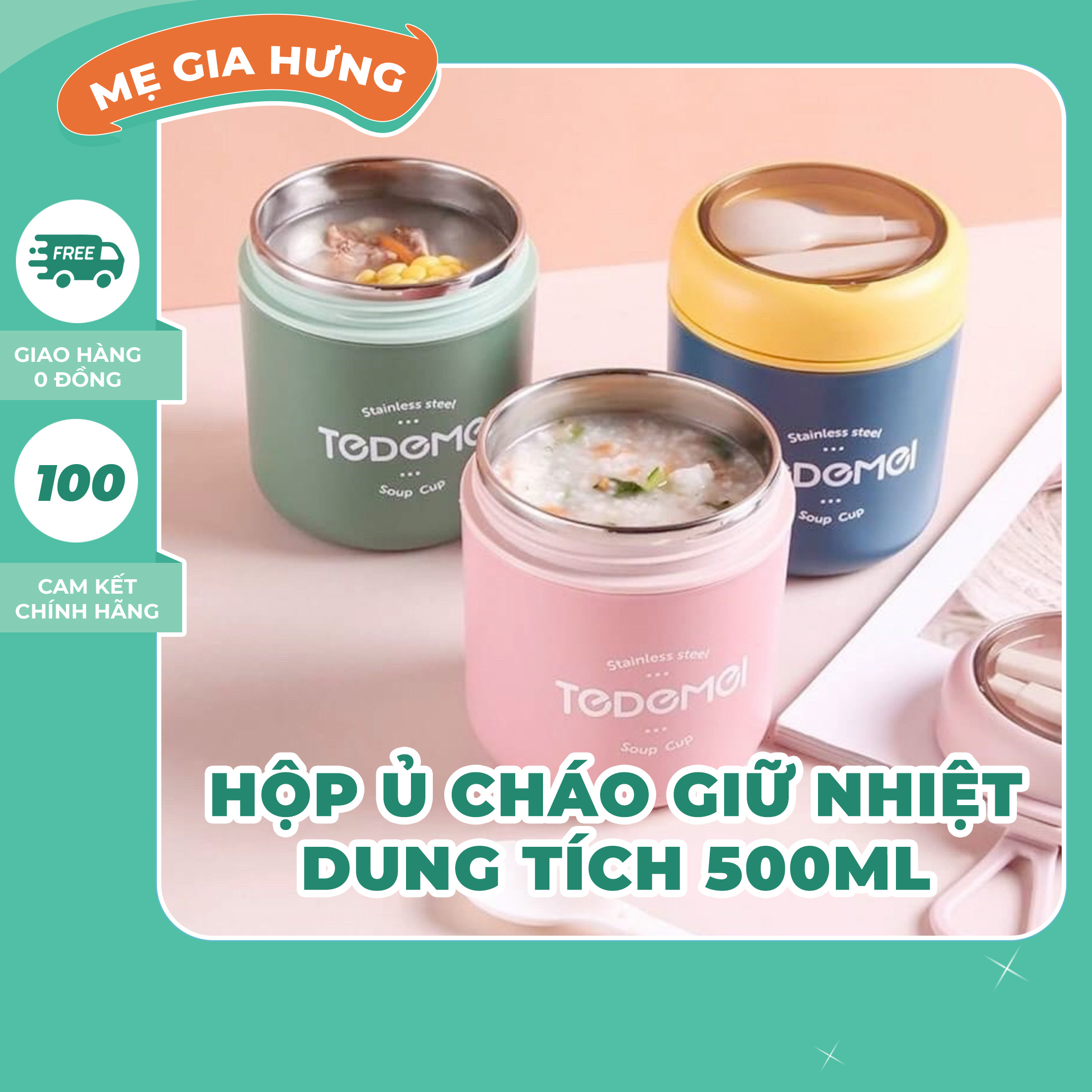 Bình ủ cháo, hộp ủ cháo giữ nhiệt tedemei dung tích 500ml, inox sus304 tặng kèm muỗng nhựa.