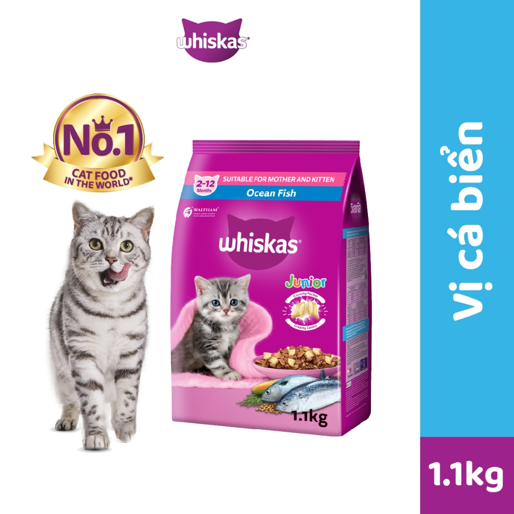 Thức ăn cho mèo con whiskas dạng hạt vị cá biển - túi 1.1kg kitten