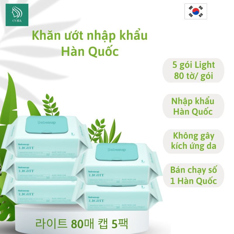 Bộ 5 gói khăn giấy ướt Hàn Quốc cho da bé sơ sinh- Light80