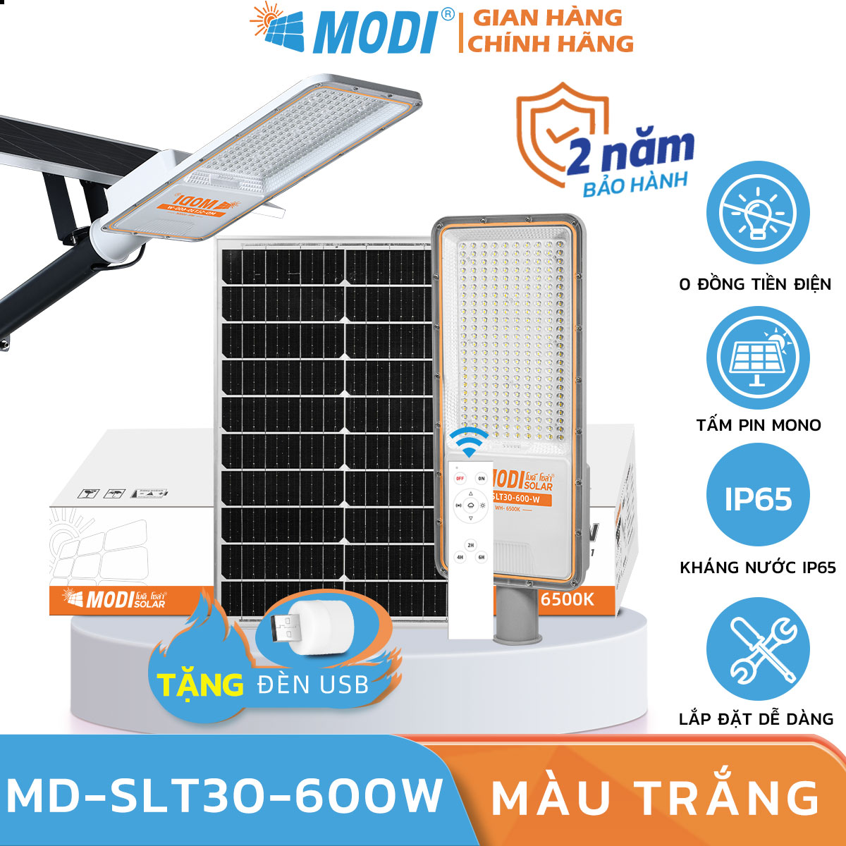 Đèn đường năng lượng mặt trời modi solar slt30-600w chống nước ip65, cảm biến ánh sáng thông minh, cảm biến chuyển động, đèn led độ sáng cao