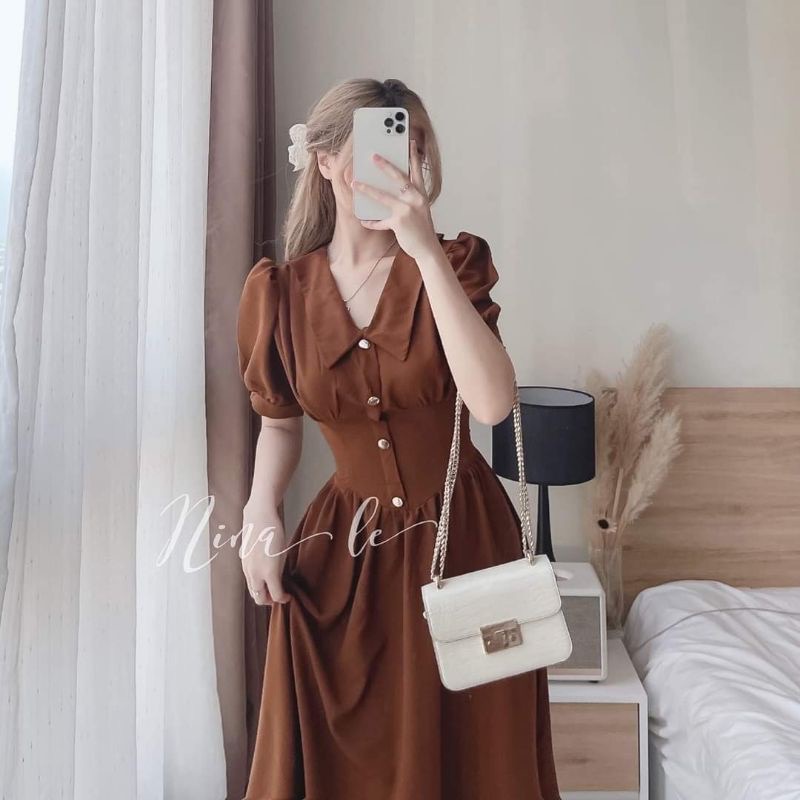 Váy tiểu thư/ đầm nữ xòe cổ bẻ tay bồng dáng dài màu nâu vintage nhẹ nhàng
