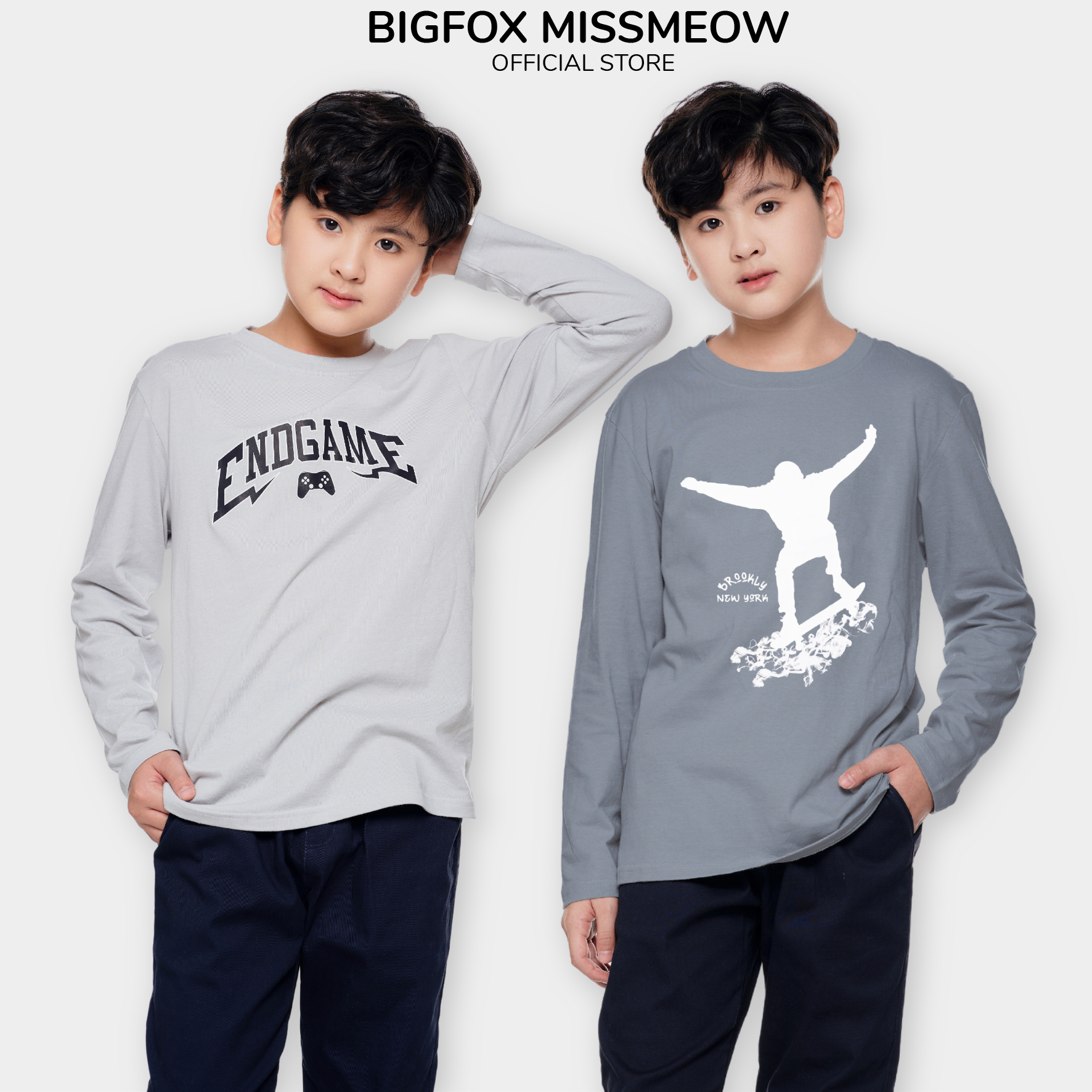  Áo thun dài tay cho bé trai BIGFOX MISS MEOW size đại vải cotton mùa thu đông in đẹp cỡ 7,11,15 tuổi 30kg 50kg 