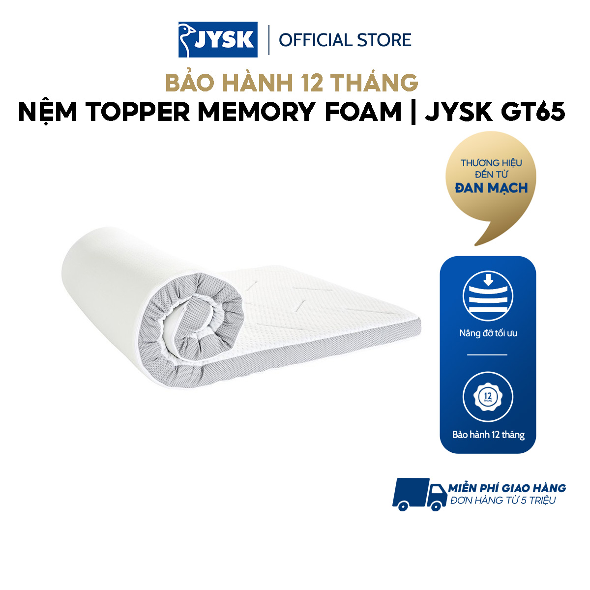 Nệm topper memory foam | JYSK GULEN GT65 WELLPUR | R90/160/180xD200xC8cm