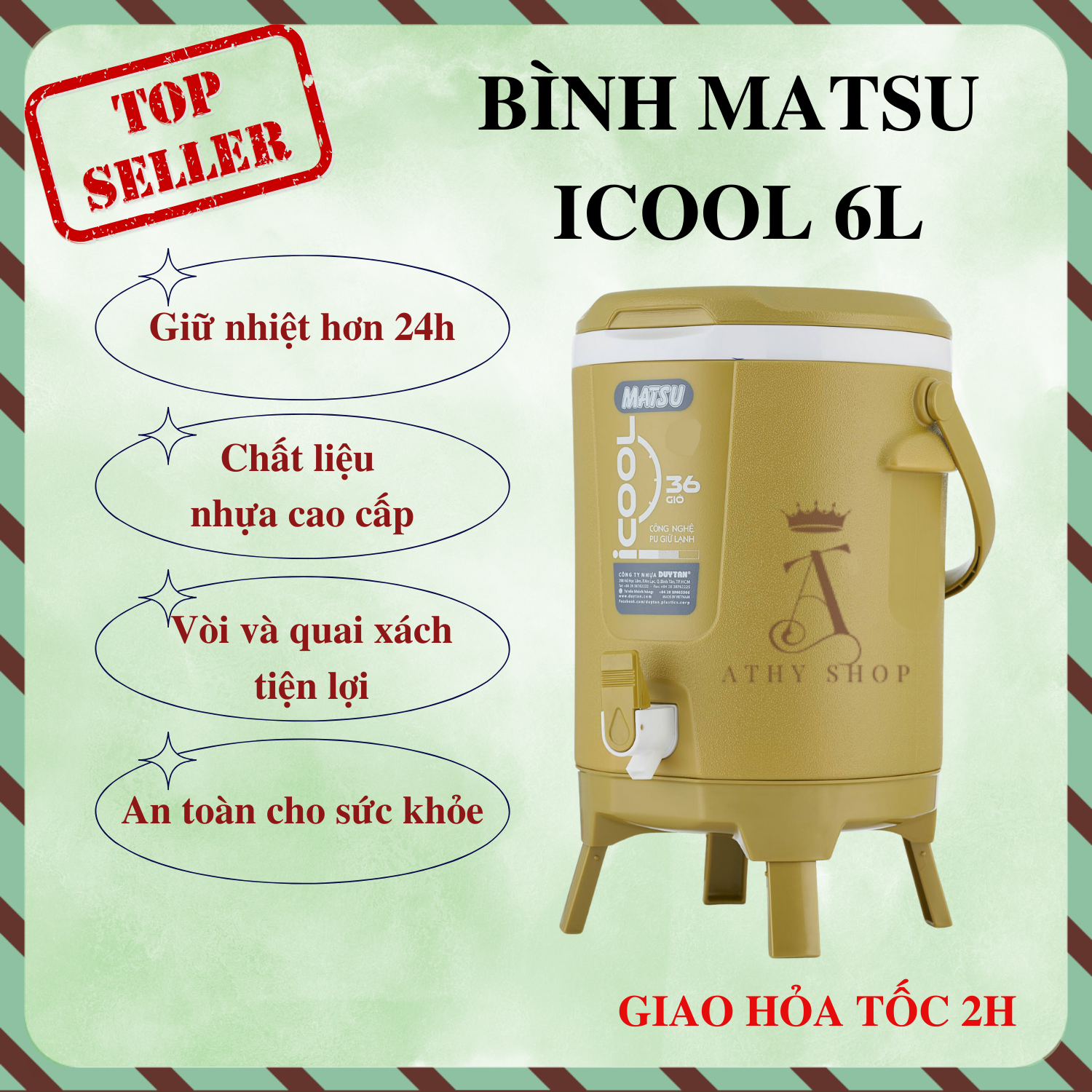 Bình đá giữ nhiệt 6l matsu icool có vòi bình nước du lịch lớn cắm trại picnic bình nhựa chứa nước 6 lit xô đựng đá ướp bia athy shop