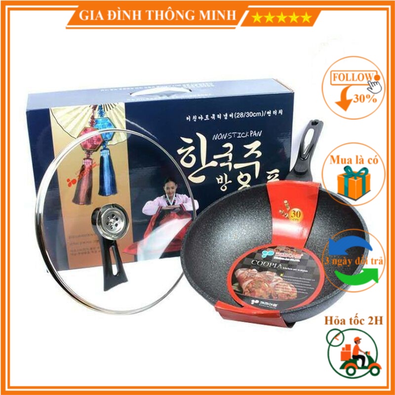 Chảo Chống Dính Siêu Bền Sâu Lòng Đá Coopia Hàn Quốc có nắp kính size 32cm