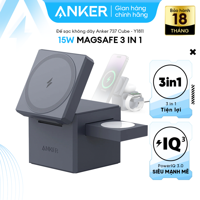 Đế sạc không dây 3in1 Anker 737 Cube MagSafe - Hỗ trợ sạc nhanh 15W - Y1811