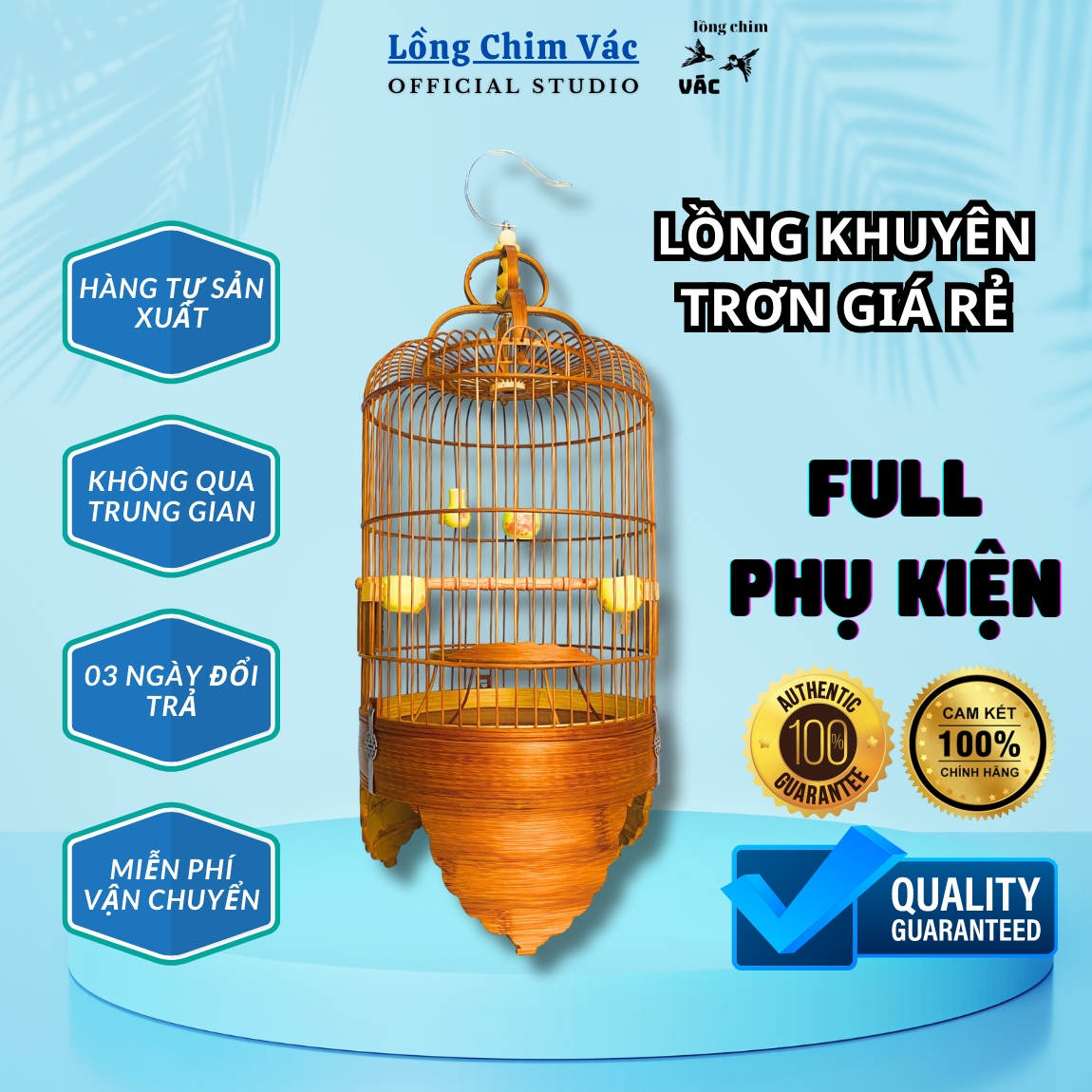 Lồng khuyên trơn cao cấp, lồng chim khuyên chân trơn đầy đủ phụ kiện, lồng nuôi khuyên, hút mật, ốc mít trúc đỏ già