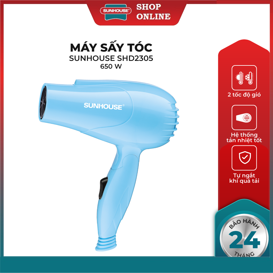 Máy sấy tóc sunhouse shd2305 - công suất 650w - 2 tốc độ gió - 2 mức nhiệt - hệ thống tản nhiệt tốt - tay cầm gập gọn - bảo hành 12 tháng