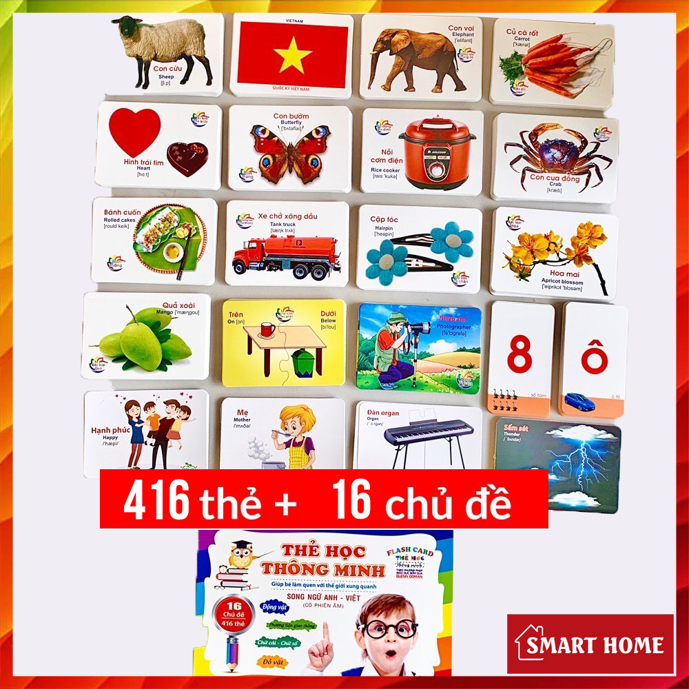 T3B4 Bộ 416 thẻ học thông minh, bộ đọc thẻ song ngữ cho bé yêu từ 0-5 tuổi về các chủ đề giúp bé nhận diện hình ảnh, cách đọc tên các đồ vật thân quen - SmartHome