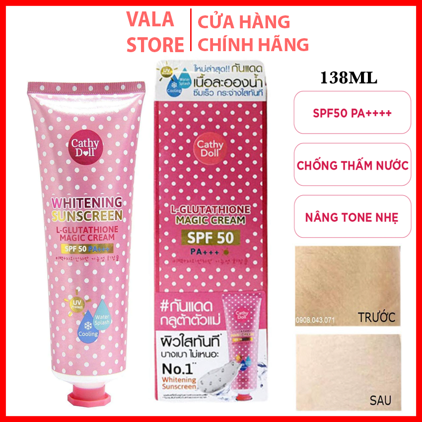 Kem chống nắng dưỡng trắng da nâng tone cathy doll l- glutathione magic cream spf50 pa+++ 138ml