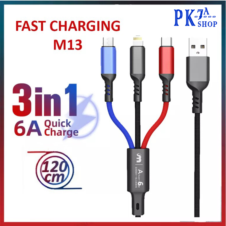 Cáp Sạc 3 Đầu,dây cáp IPsạc bọc dù chống đứt Đa Năng 3 in 1 Dùng Cho IPSamung Opp xiacmi hỗ trợ sạc nhanh