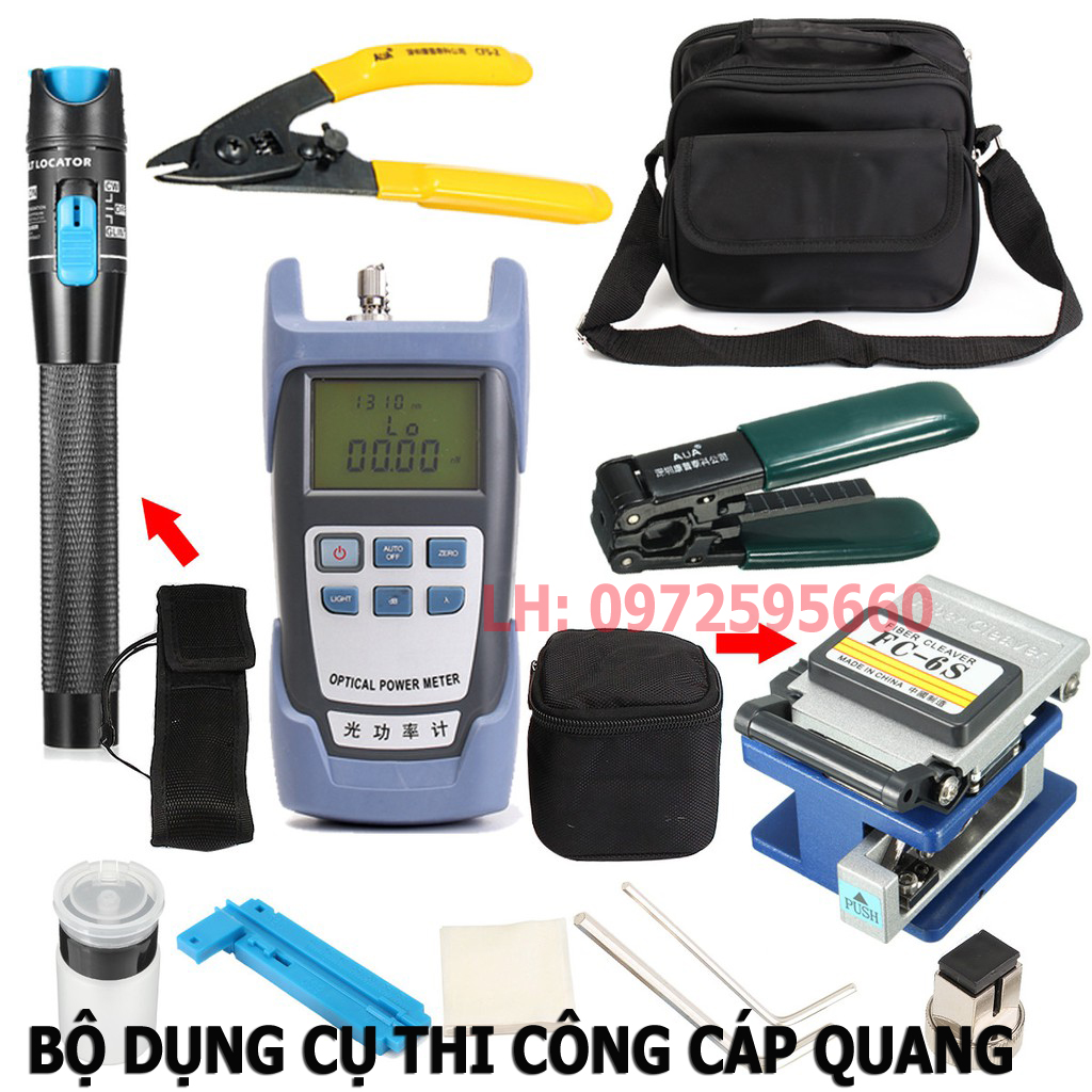 Bộ dụng cụ thi công cáp quang chuyên dụng bao gồm 9 món đầy đủ chức năng cắt, soi, tuốt đấy nối..