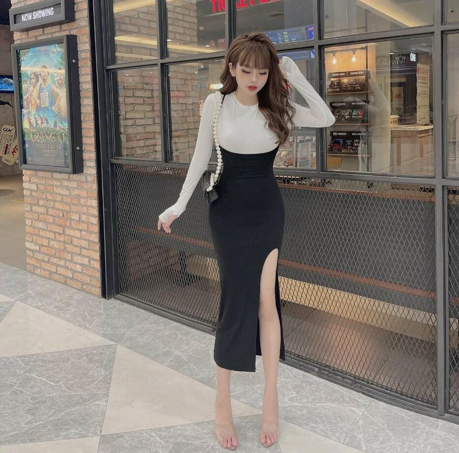 [Mẫu Hot] Sét Đầm Nữ Áo Tay Dài Cổ Tròn & Váy 2 Dây Xẻ Tà Thời Trang Kiểu Cách Đi Chơi, Đi Dự Tiệc D.ONE FASHION, Mẫu Free Size (40-55Kg) Mặc Vừa