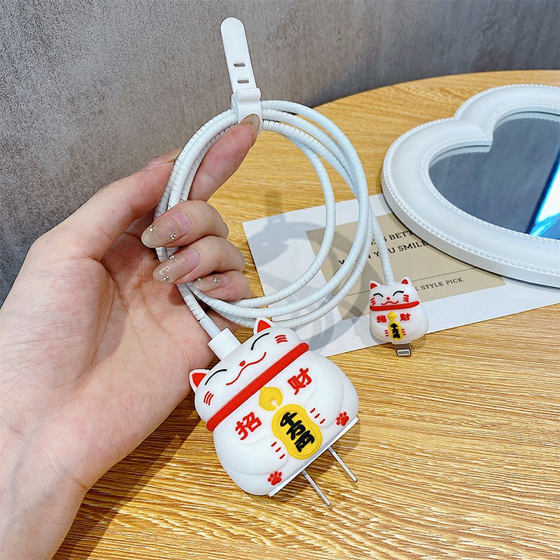 🌪Phim hoạt hình dễ thương apple 18W/20W sạc đầu bảo vệ tay áo dây dữ liệu bảo vệ tay áo sạc bảo vệ tay áo 4 mảnh