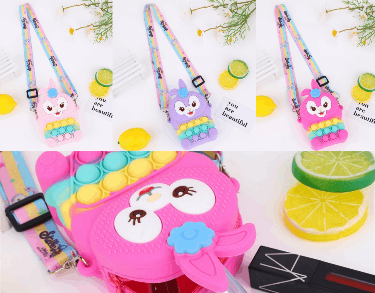 Túi đeo chéo cho bé gái Pop It 2 mặt hình Thỏ đáng yêu cute