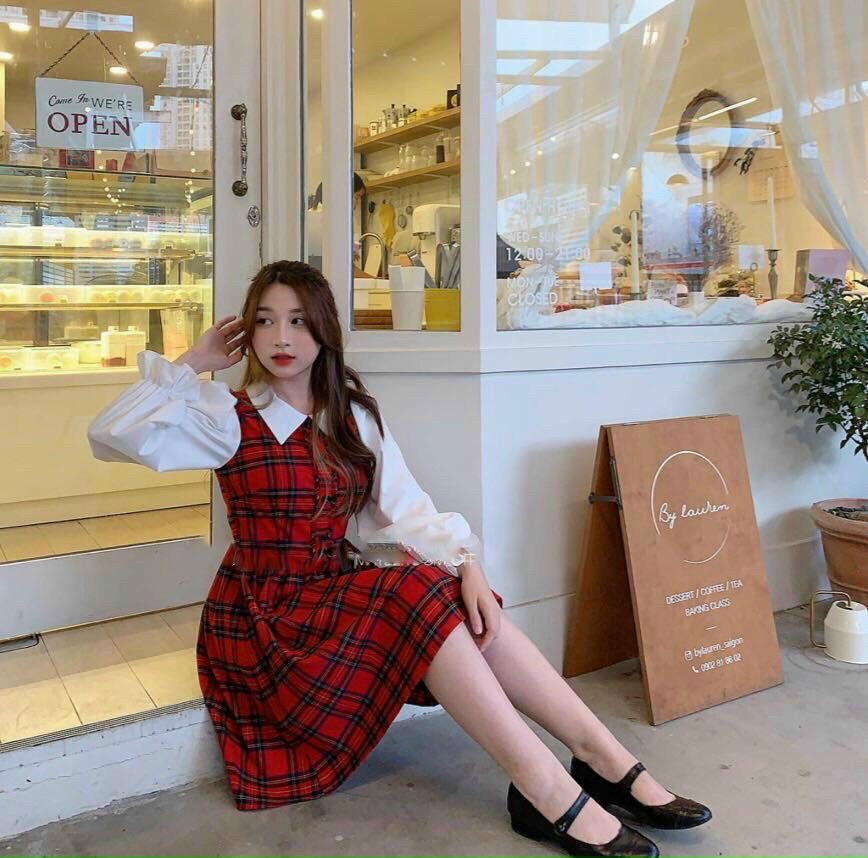 Đầm caro đỏ phối tay dài trắng kiểu vintage dễ thương TTSA0942