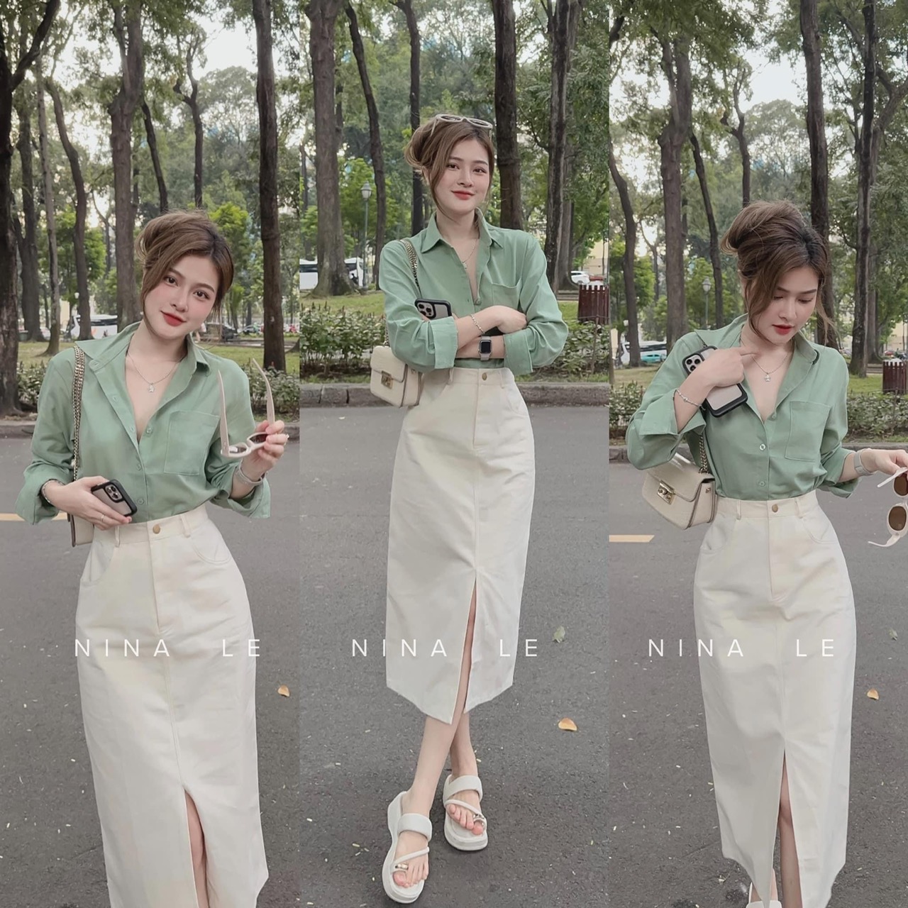 Sét áo sơ mi tay dài mix chân váy kaki suông dài xẻ tà kiểu dáng trẻ trung thanh lịch