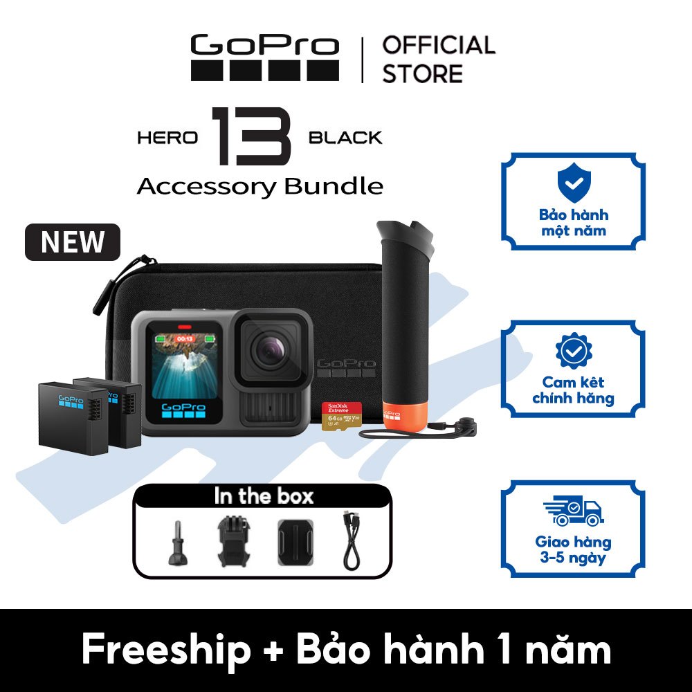   BẢO HÀNH 1 NĂM  GoPro HERO13 Black + Accessories Bundle Camera hành động chống nước Video 5.3K 60 4K 120 Photo 27MP  HyperSmooth 6.0 HLG-HDR Video GPS 