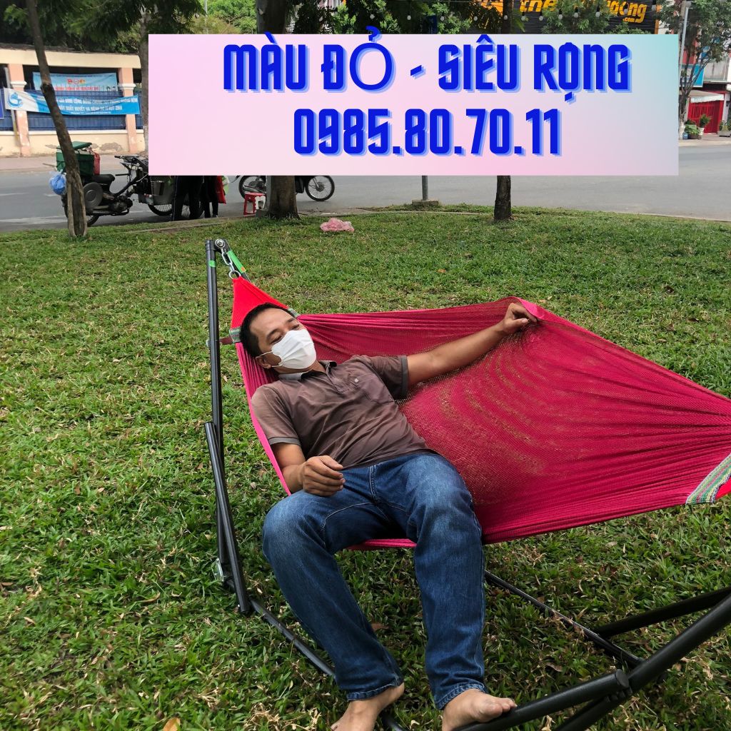 Võng lưới 2 lớp cán thép nẹp ngắn 25cm loại dày, to, khổ rộng, lưới đẹp nằm không bị vướng vào khung võng