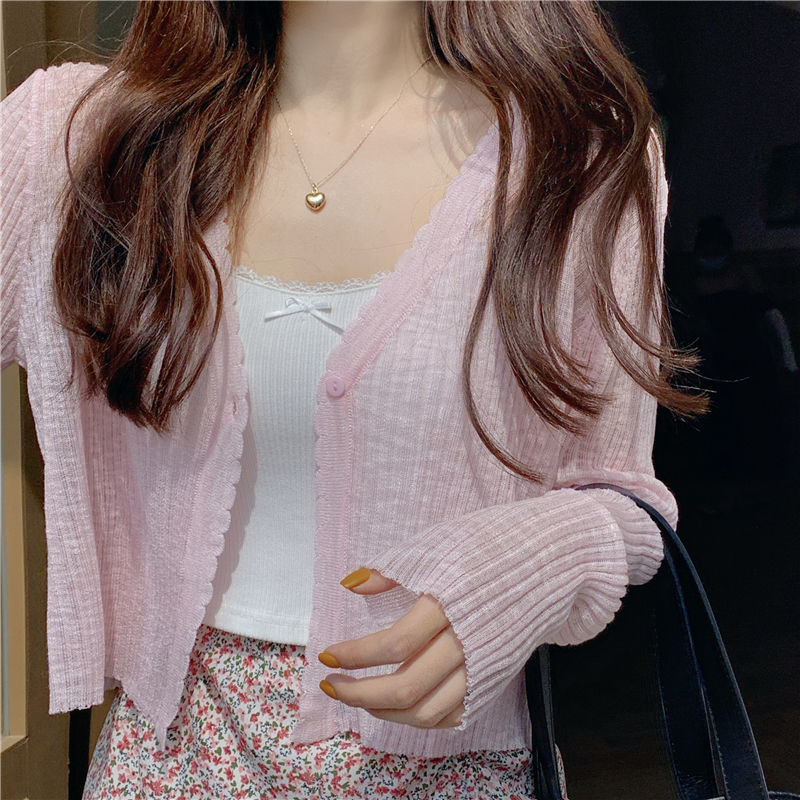 Áo khoác Cardigan Nữ Áo khoác màu trắng ngắn tay áo dài tay áo dài dệt kim tơ băng chống nắng xuân hè mới áo khoác nữ tết bên ngoài mỏng w0814