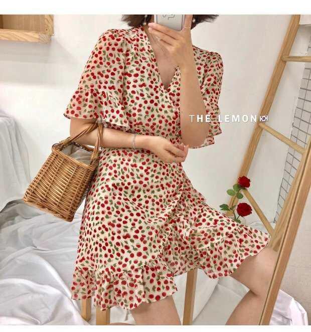 Đầm xòe hoa nhí quây tà hàng thiết kế cao cấp