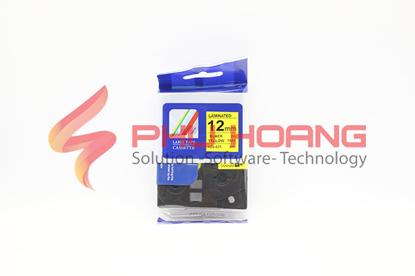 Nhãn in Hze-631 tiêu chuẩn , chữ đen nền vàng , khổ rộng 12mm dài 8m, đa lớp, bám dính cao, Phu Hoang Company