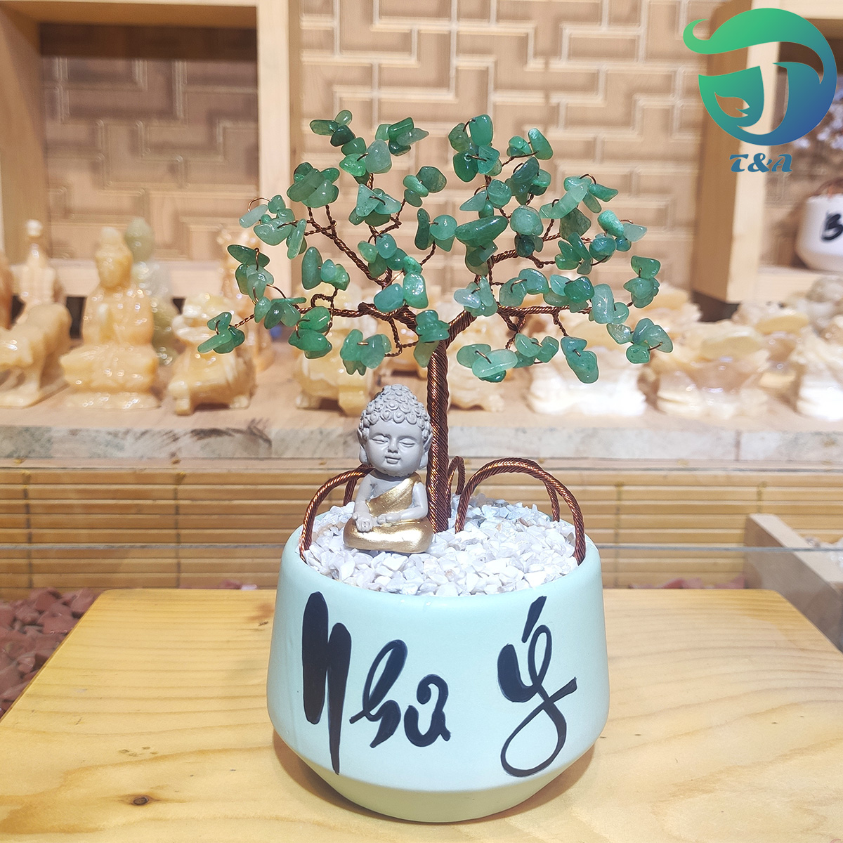 Cây đá thạch anh xanh tự nhiên cầu tài lộc may mắn dùng để trang trí đá màu xanh chữ thư pháp phát tài , tài lộc , may mắn