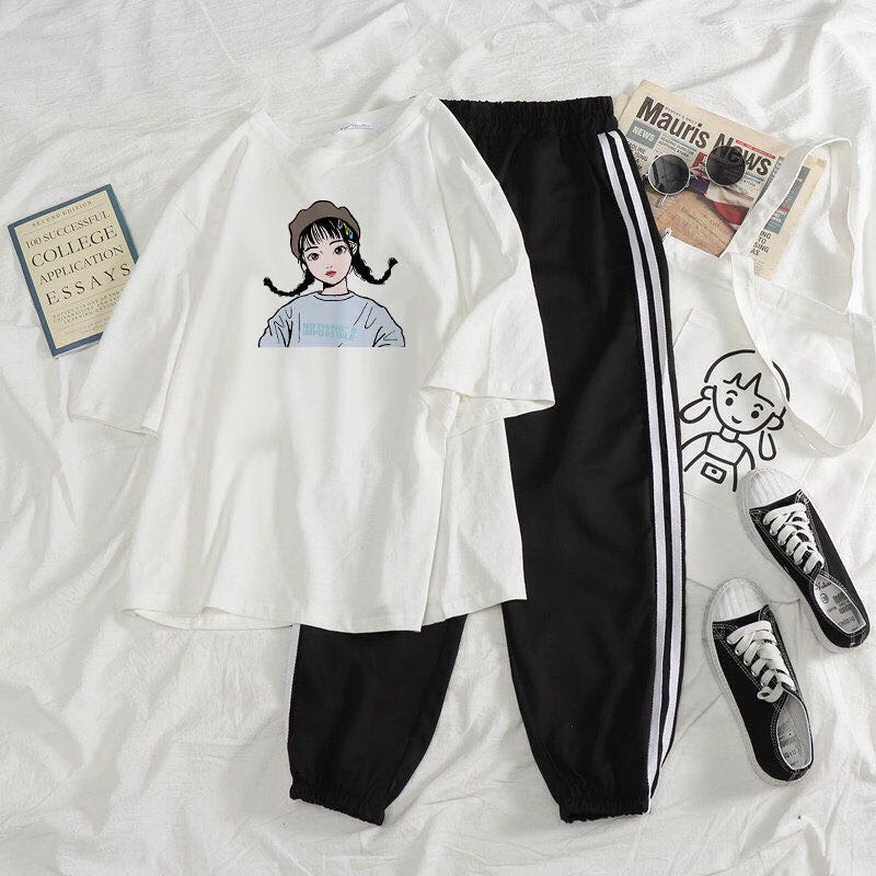 Sét áo cô gái so cute + quần bo gấu, áo thun nam nữ, áo ngắn tay, quần suông, quần kẻ, sét bộ mặc ở nhà - the thy