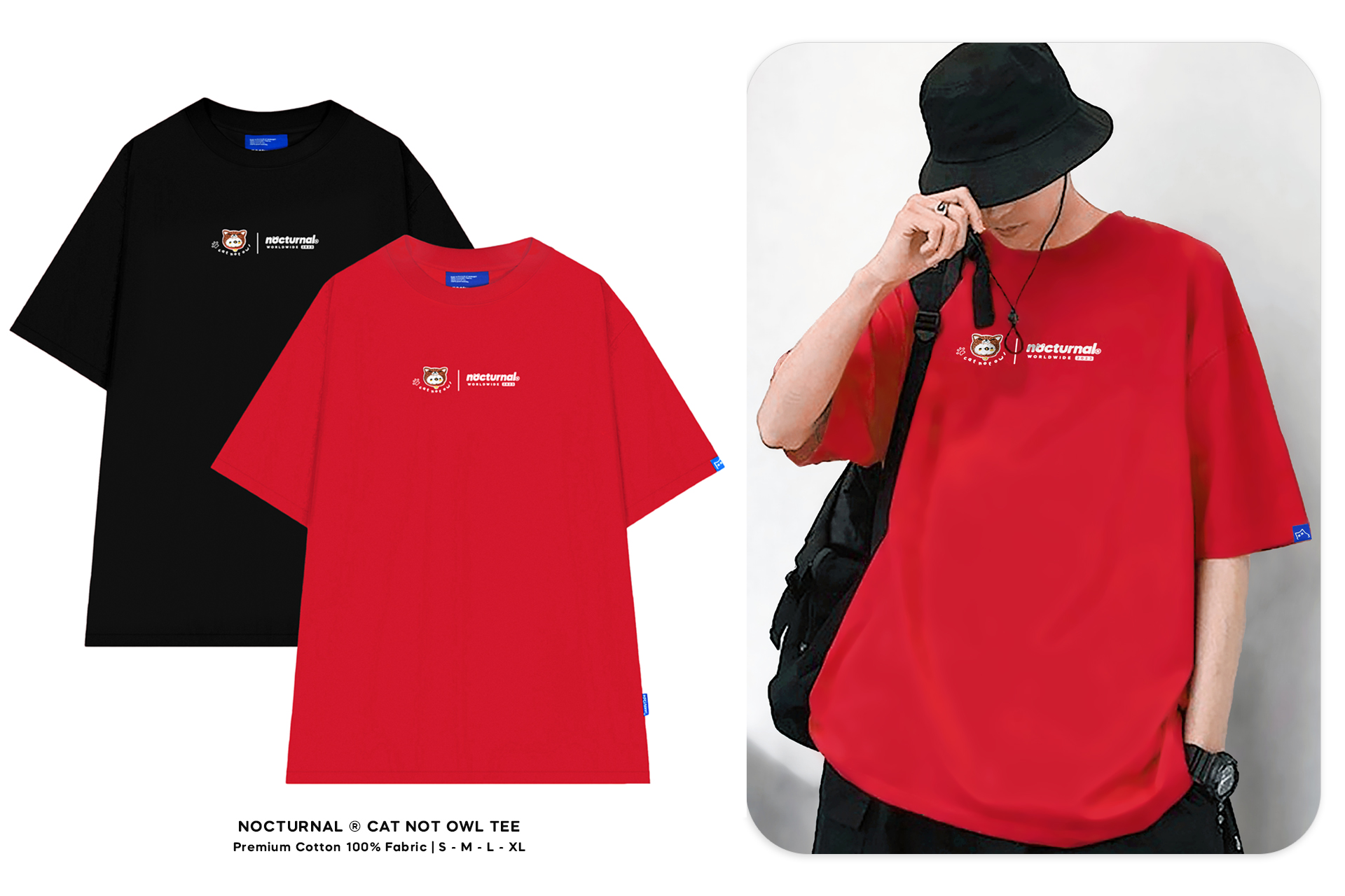 [nhập lazflex1- giảm 30k đơn 149k|áo thun nocturnal cat not owl tee cotton 100% nam nữ unisex form rộng tay lỡ oversize local brand
