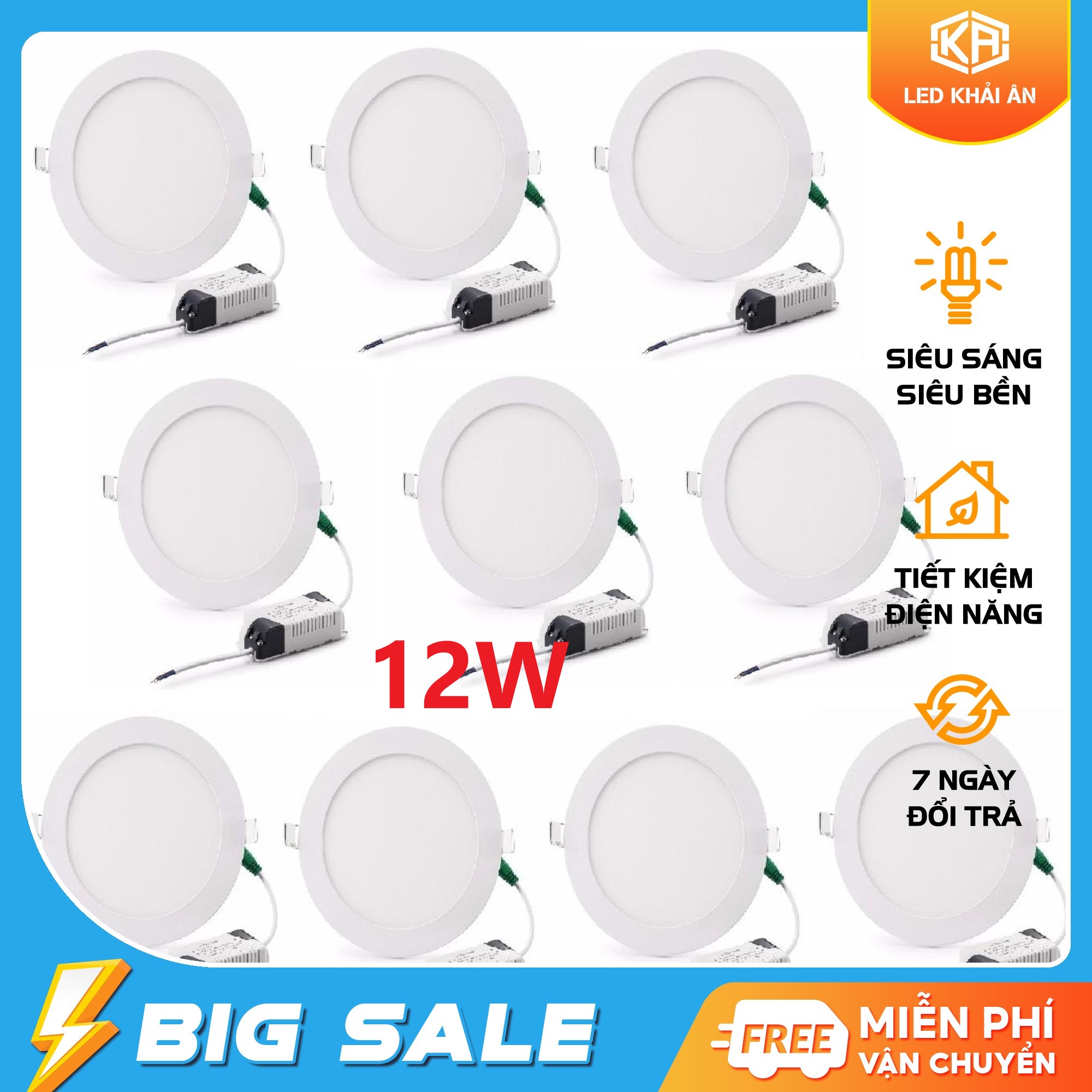 Bộ 10 đèn led âm trần 12w siêu mỏng- Bảo hành 12 tháng